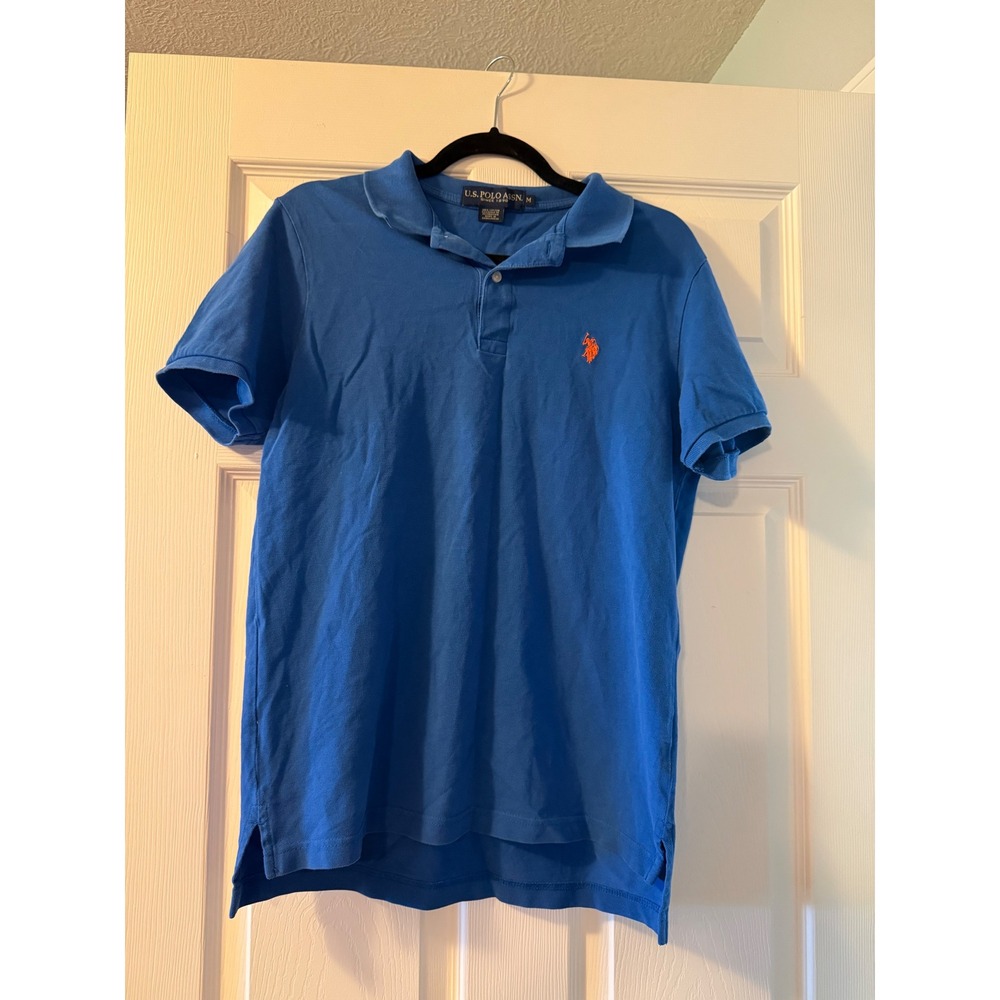 US Polo Assn Mens Blue Short Sleeve Pique Polo Shirt Orange Logo Size M